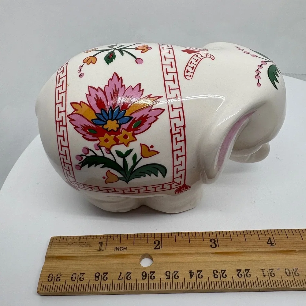 Prestige Place Ceramic Elephant Figurine White Floral Greek Key Border 4 Inch